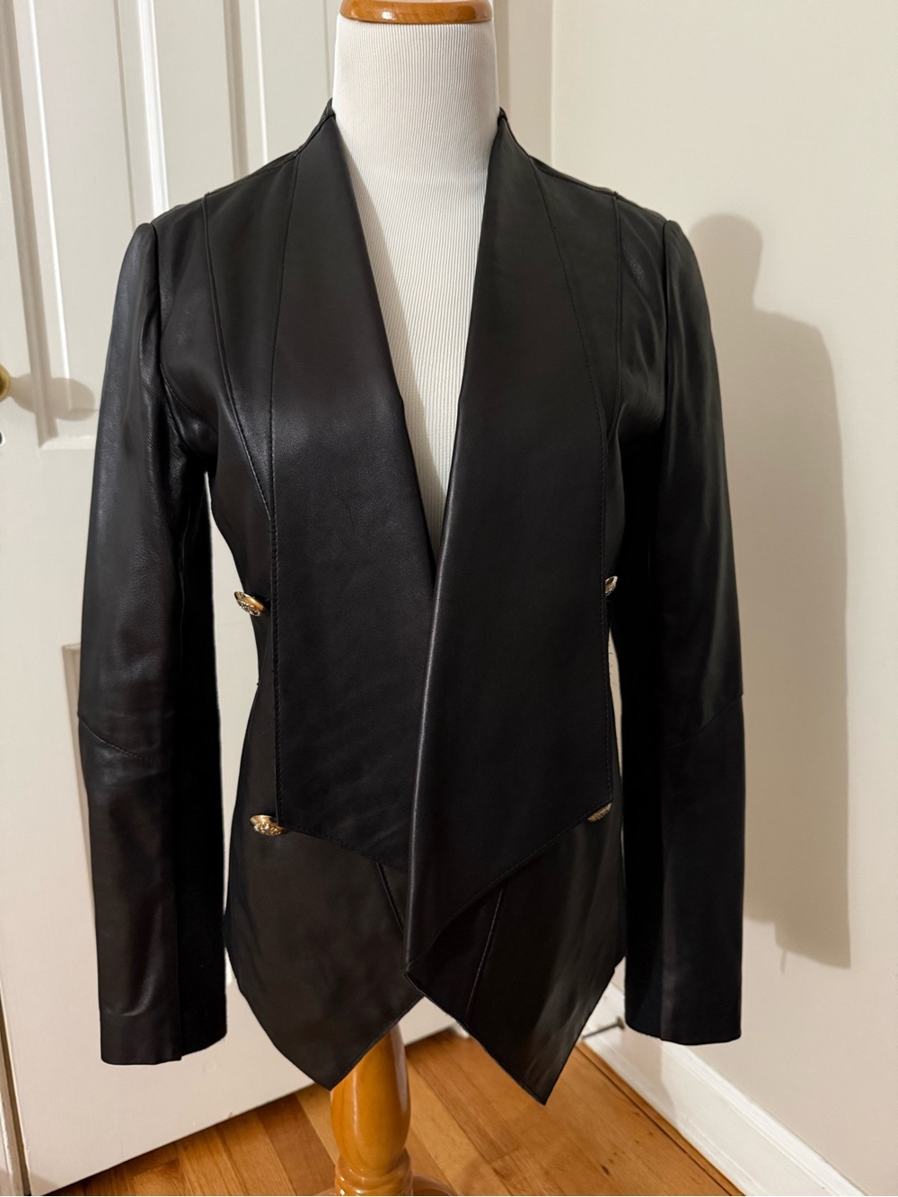 Tahari Black Genuine Leather Draped Open-Front Jacket/Blazer with Gold Accents